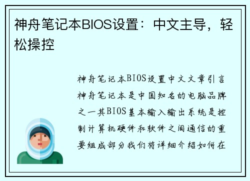 神舟笔记本BIOS设置：中文主导，轻松操控